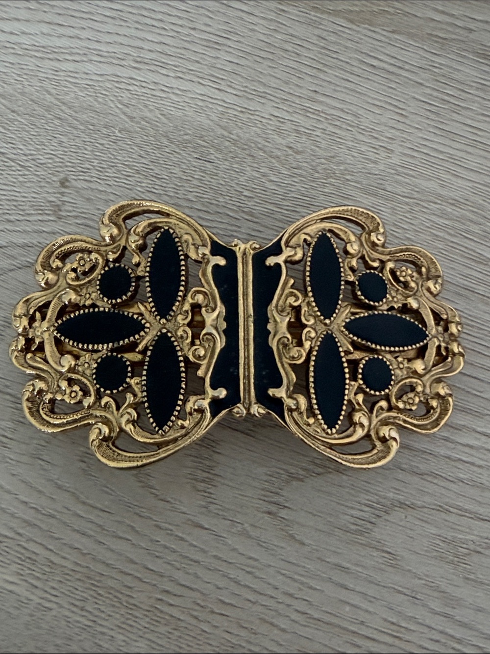 Vintage Victorian Filigree Barrette: Gold Tone & Black